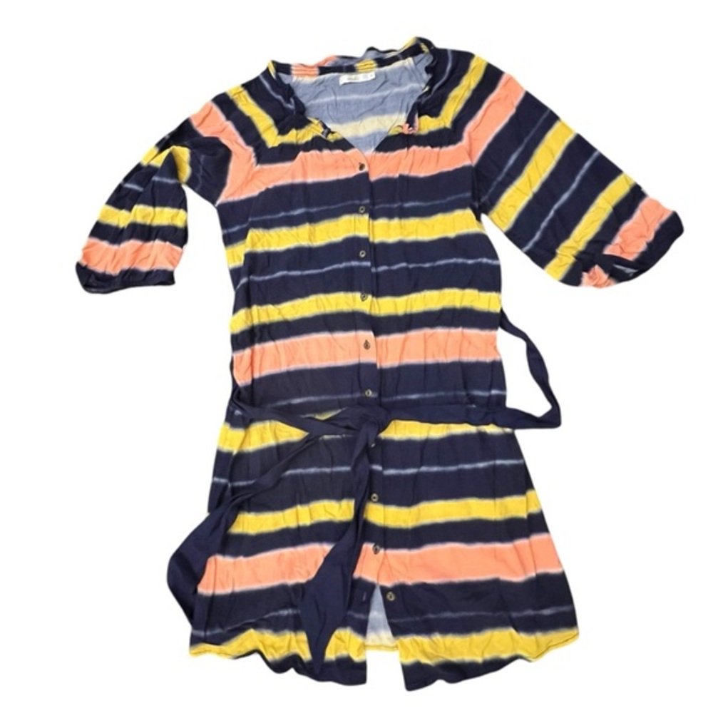 Anthropologie Porridge Tie Dye Dress Belted Button Down Blue Yellow Pink Size 6